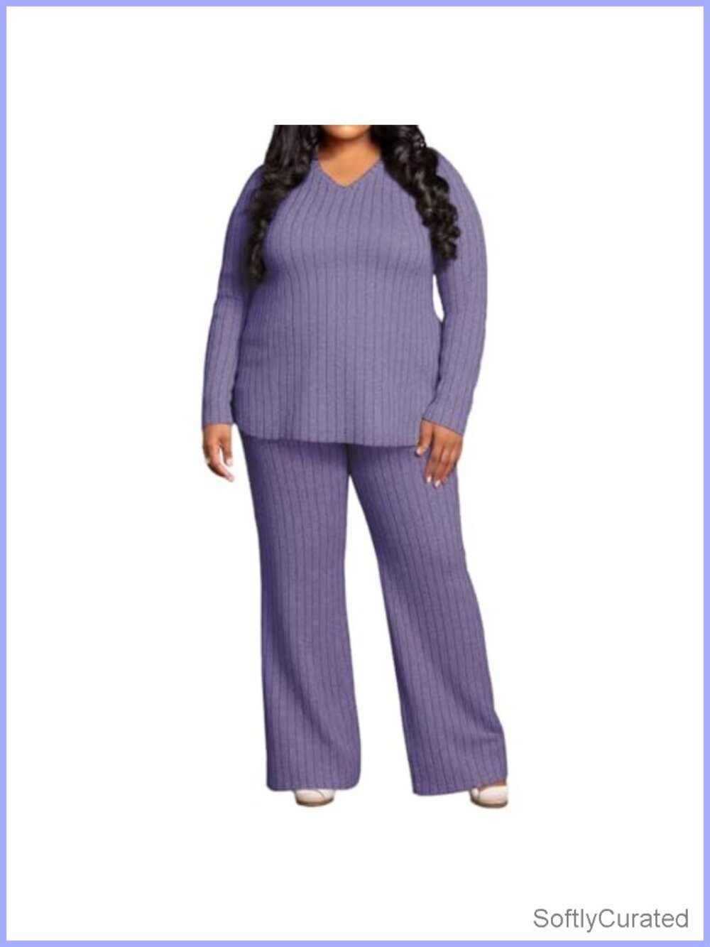 Plus Size V-Neck 2 Piece Lounge Set Ribbed Long Sleeve Wide Leg Pants